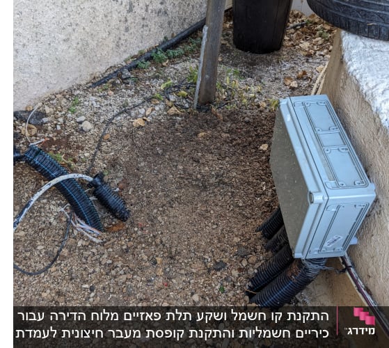 קופסת חיבורים חשמלית עם כבלים חשופים באדמה